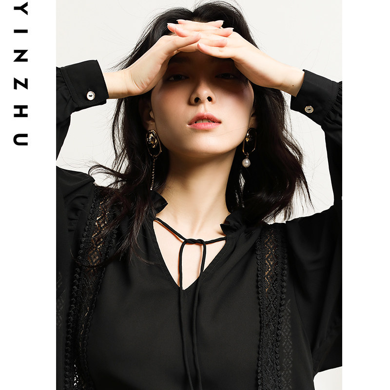 v领雪纺衫女灯笼袖设计感蕾丝衬衫 茵竹蕾丝衫/雪纺衫