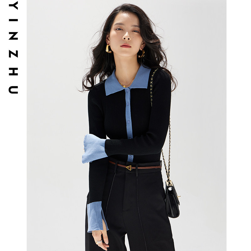 克莱茵蓝翻领撞色拼接羊毛女针织衫 茵竹毛针织衫