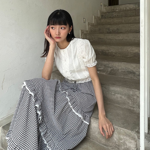 Muir'全棉肌理感'法式白色短袖衬衣女夏蕾丝花边复古短款衬衫上衣 - 图0