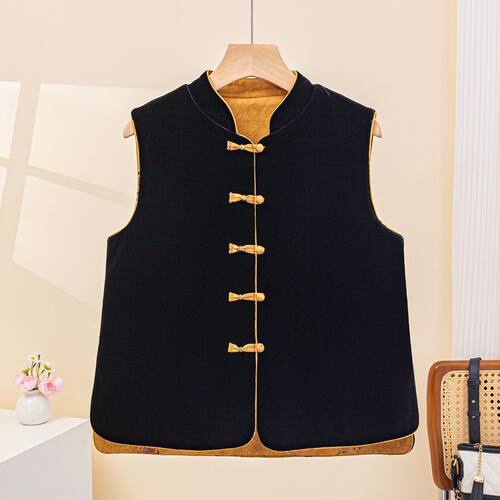 新中式国风复古立领背心马甲背心女高端两面穿金丝绒拼接提花坎肩 - 图0