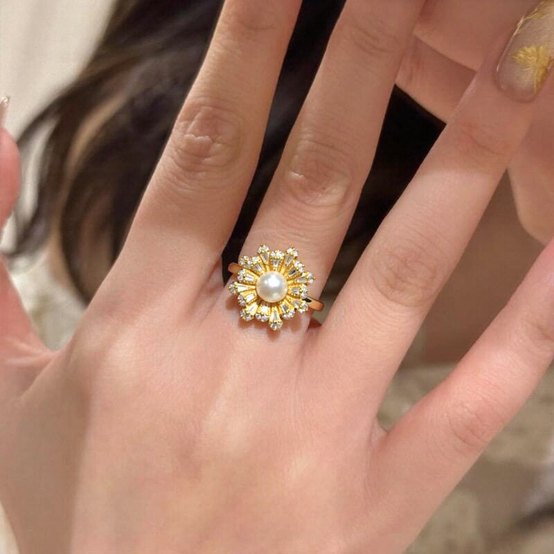 Natural freshwater pearl ring for women, light luxury, high-end, fully inlaid with zircon, exquisite bright flower pearl jewelry wholesale