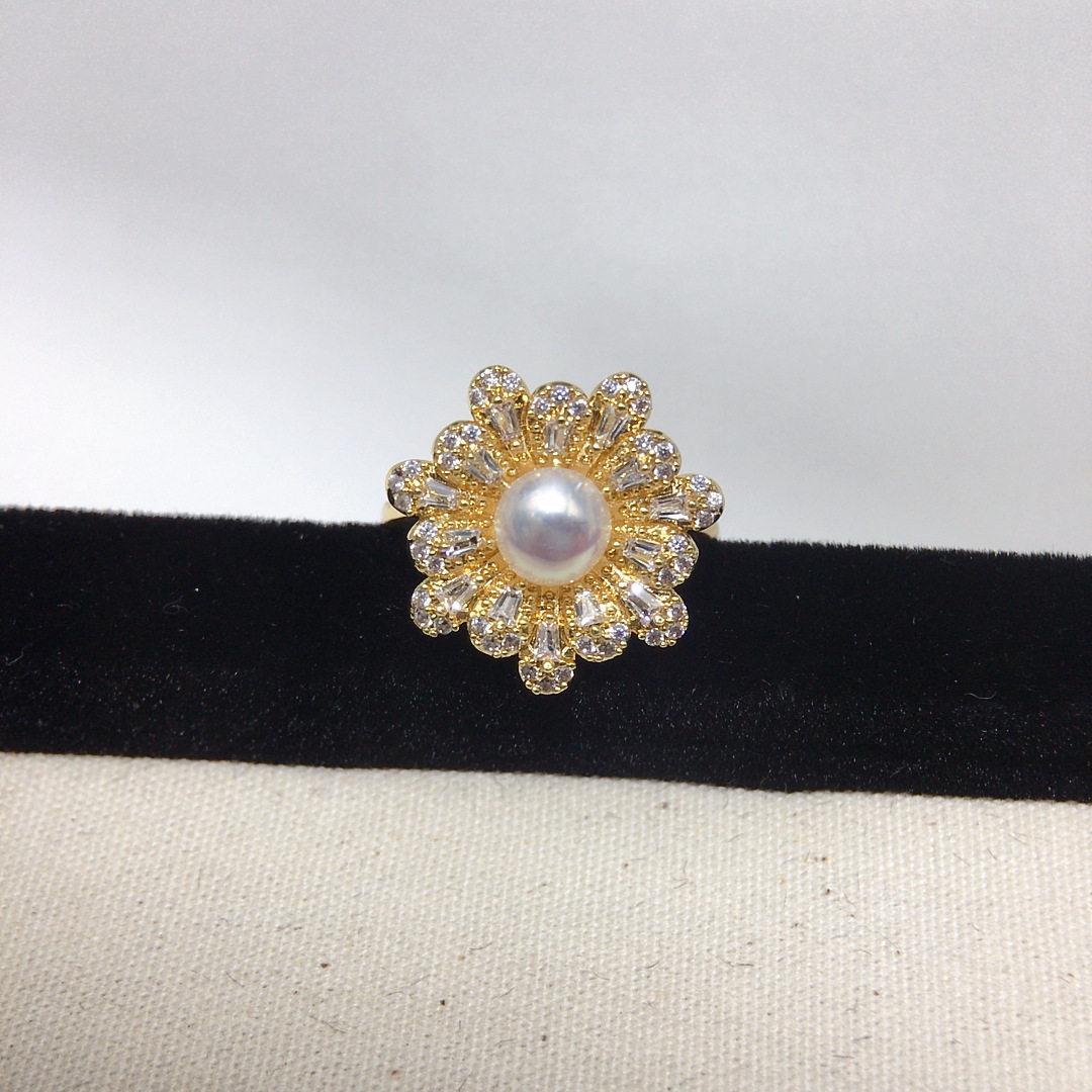 Natural freshwater pearl ring for women, light luxury, high-end, fully inlaid with zircon, exquisite bright flower pearl jewelry wholesale