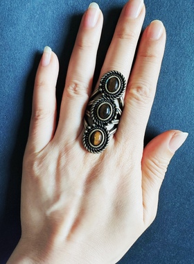 纯铜镶嵌虎睛石鹰眼石雕花古董戒指 [欧美复古独家孤品/满百包邮]