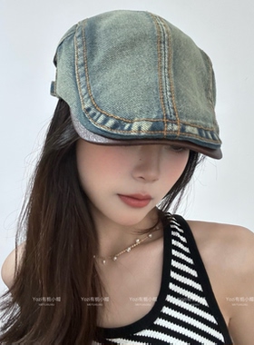 日系水洗做旧牛仔前进帽女春秋季复古百搭贝雷帽大头围显脸小帽子