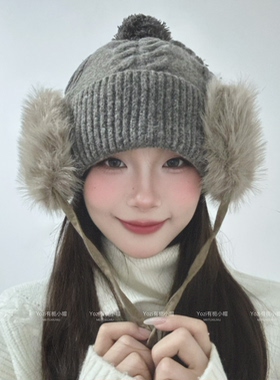 灰色毛线帽子女秋冬季加绒保暖针织帽户外防风防寒显脸小