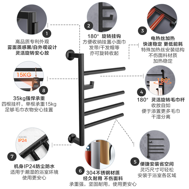 科勒安得适加热毛巾架卫生间电加热烘干暗装黑色小号29349 - 图0