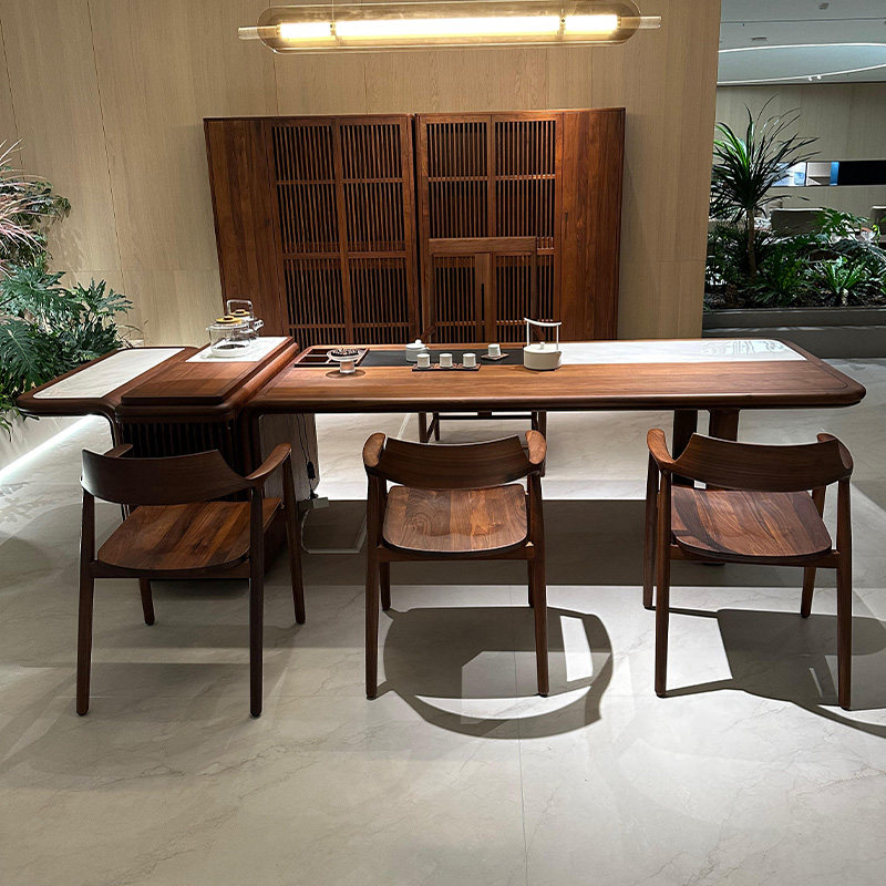 新中式实木茶桌椅组合高端轻奢北美黑胡桃木岩板茶台办公酒店家具,淘宝优惠券,粉丝福利购,淘宝优惠卷