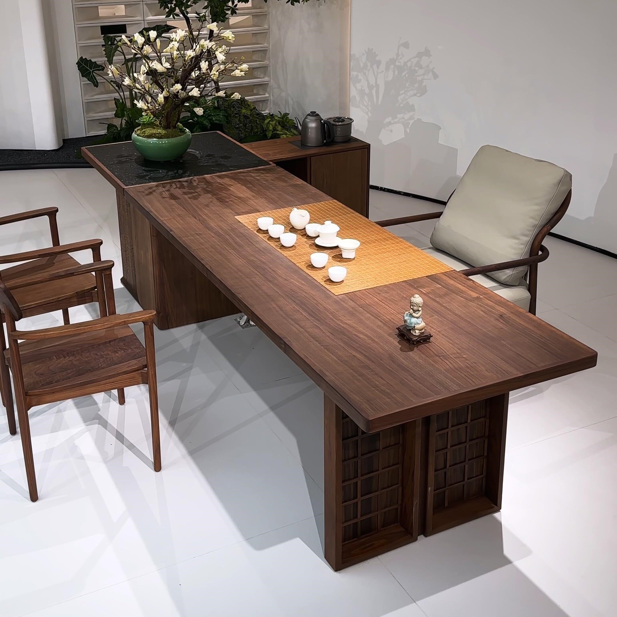 新中式北美黑胡桃木实木茶桌椅组合高端老板会客办公一体茶台定制,淘宝优惠券,粉丝福利购,淘宝优惠卷