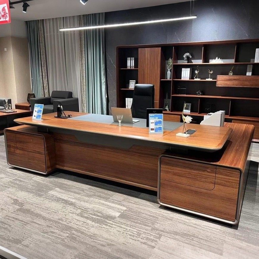 新中式北美黑胡桃木大班台简约实木老板桌高端轻奢办公室家具定制 - 图1