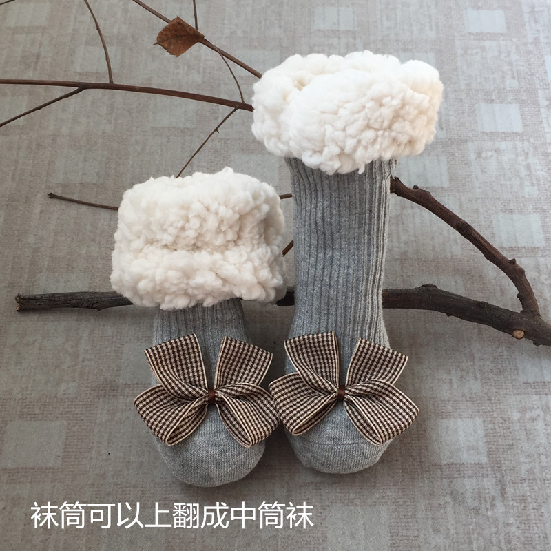 原创ins洋气格婴儿袜子冬加厚羊羔绒男女童中筒宝宝防滑地板鞋袜 - 图1