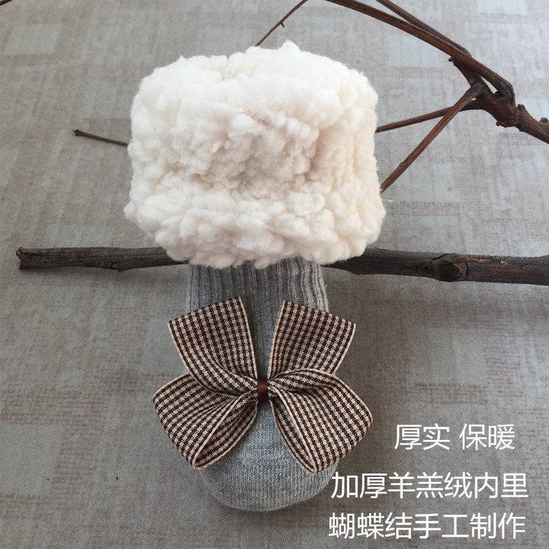 原创ins洋气格婴儿袜子冬加厚羊羔绒男女童中筒宝宝防滑地板鞋袜 - 图0