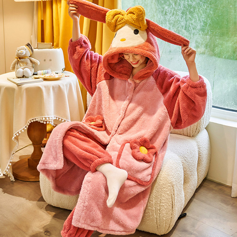 秋冬珊瑚绒加绒长款可爱小熊睡袍 睡尚美睡衣/家居服套装