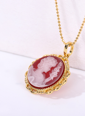 卡梅奥玛瑙红色吊坠女复古浮雕