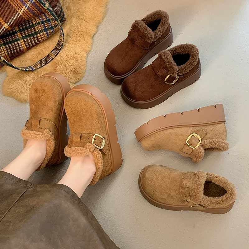 真皮厚底勃肯鞋女秋冬加绒2025年新款增高勃肯棉鞋一脚蹬乐福鞋子 - 图1