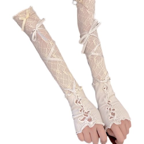 梨鹿 芭蕾舞风绑带蕾丝拼接长筒遮瑕防晒手袖少女甜酷风袖套薄款 - 图3