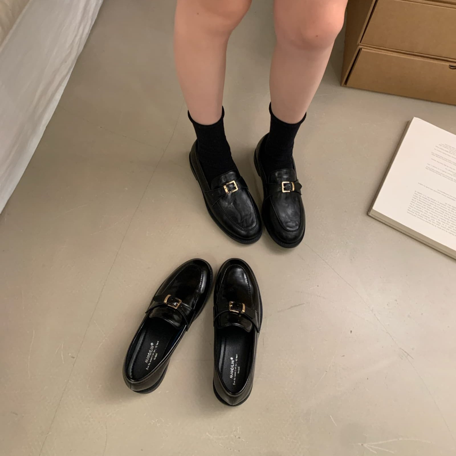 英伦风金属扣乐福鞋女圆头低跟百搭一脚蹬复古深口单鞋真皮豆豆鞋,淘宝优惠券,粉丝福利购,淘宝优惠卷