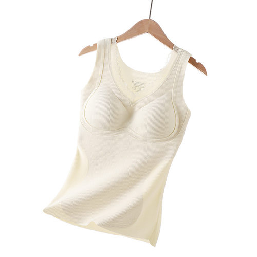 秋冬背心提拉蚕丝羊毛保暖带胸垫舒适修身内搭打底免穿文胸套装女 - 图3