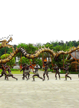 城市户外民俗景观舞龙狮子传统文化铸铜人物雕塑定制广场装饰摆件