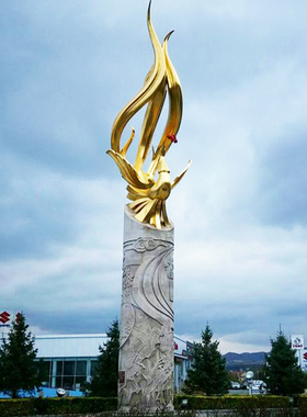 城市大型广场户外景观不锈钢凤凰石材龙柱组合艺术金属雕塑小品