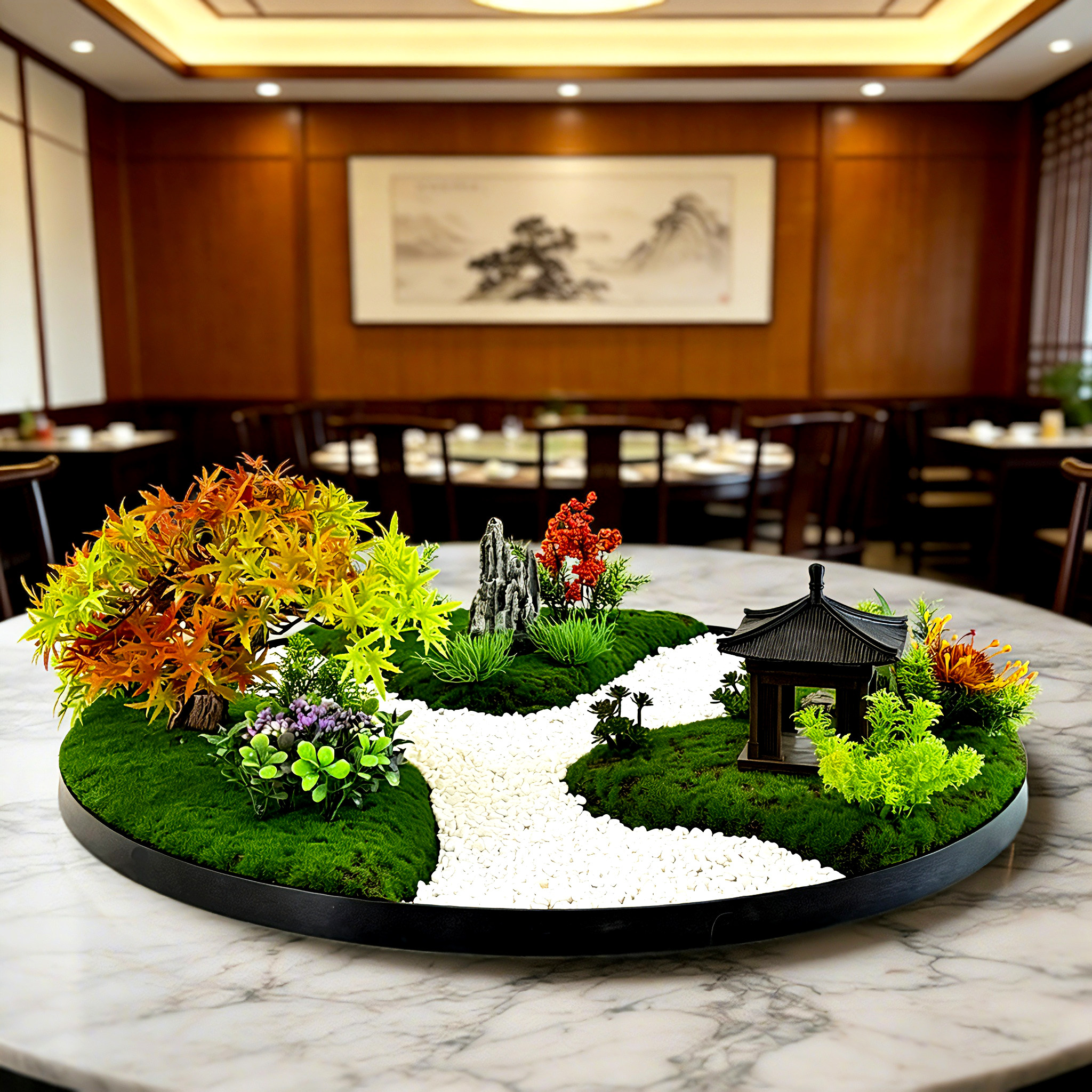 酒店圆桌摆花桌台轻奢风桌造景装饰品转盘盆景餐厅会所高级摆件感,淘宝优惠券,粉丝福利购,淘宝优惠卷