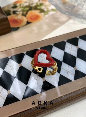 有点小亚红色滴油熔岩爱心不易掉色开口戒指黄铜镀金独特个性日韩