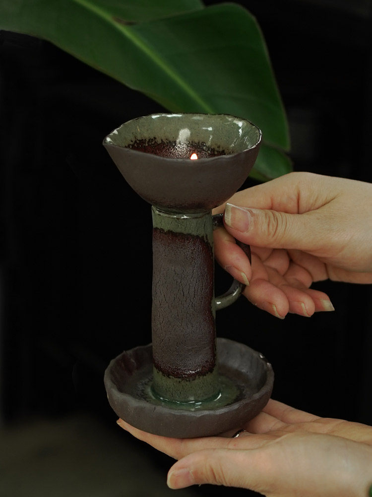 手工粗陶老式油灯中式仿古陶瓷酥油灯侘寂风禅意烛台茶室茶道摆件_虎窝淘