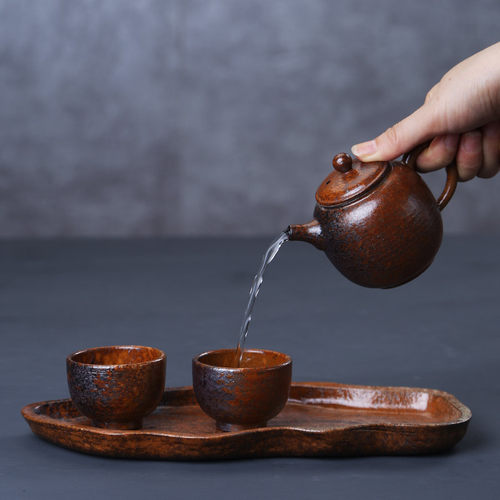 日式粗陶茶壶手工铁锈釉陶壶仿柴烧陶瓷窑变功夫茶具家用泡茶单壶 - 图0