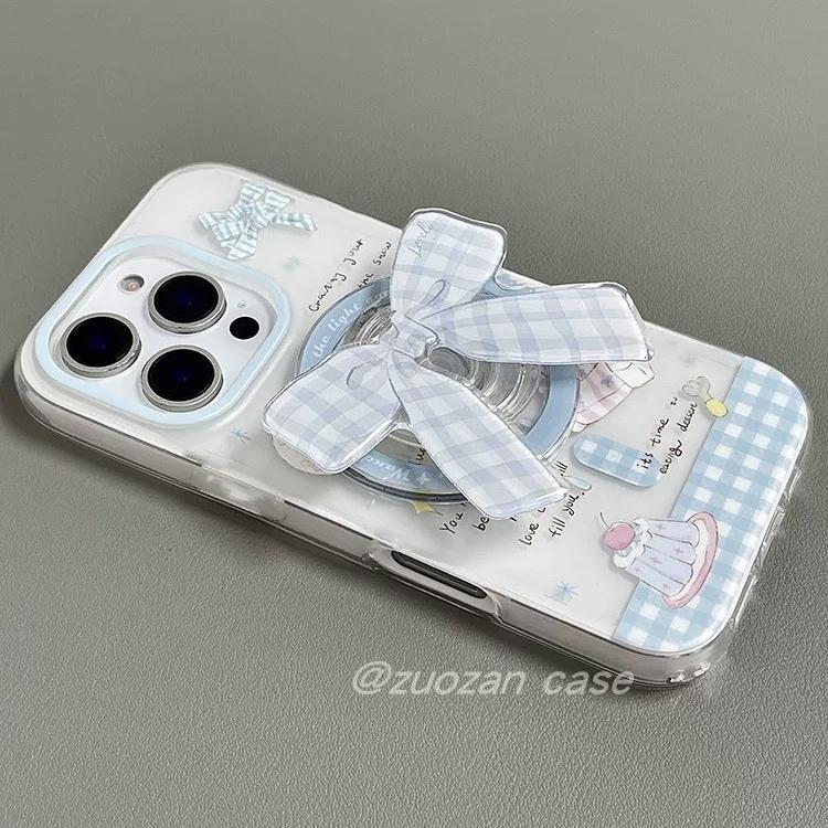 磁吸支架适用小米15/13U简约蓝格纹蝴蝶结K80+手机壳红米Turbo3国际版k70/60/note12t/civi4pro软套poco女50e - 图3