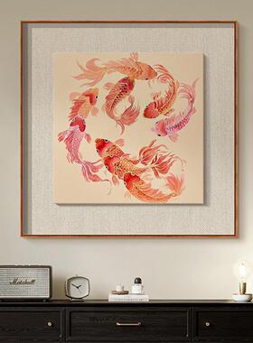 新中式聚财鱼图手绘油画玄关柜装饰画中国风锦鲤客厅挂画正方形