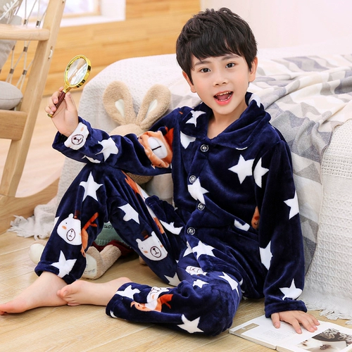 Демисезонная коралловая бархатная детская пижама для мальчиков, детский фланелевый комплект, увеличенная толщина, подходит для подростков