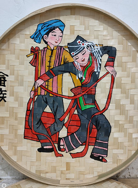 少数民族手绘画民族团结簸箕挂画