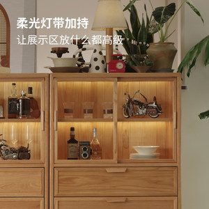曲美好木实木边柜黑胡桃木餐边柜靠墙一体储物柜中古风客厅置物柜