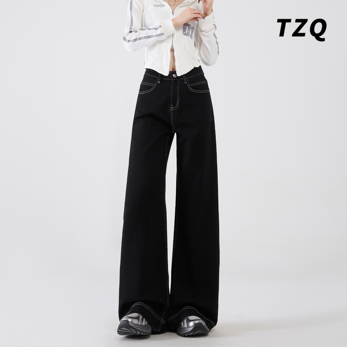 黑色阔腿牛仔裤女爆款2025秋季新款高腰宽松显瘦慵懒风垂感拖地裤 - 图0