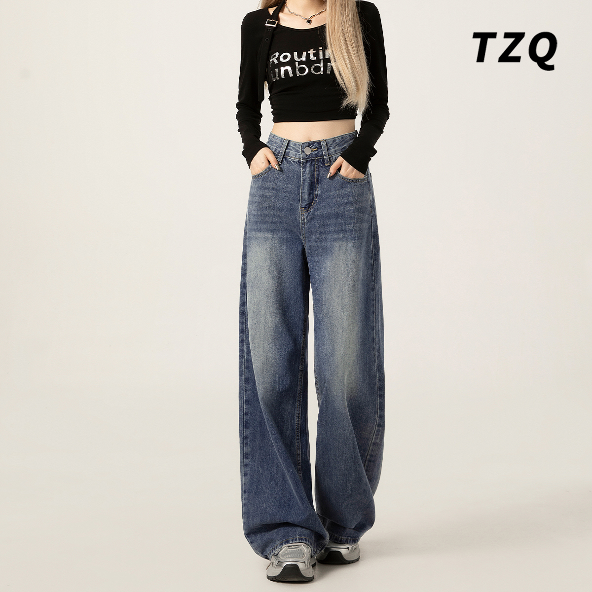 美式复古垂感阔腿牛仔裤女2025秋季新款水洗高腰宽松显瘦拖地裤子 - 图1