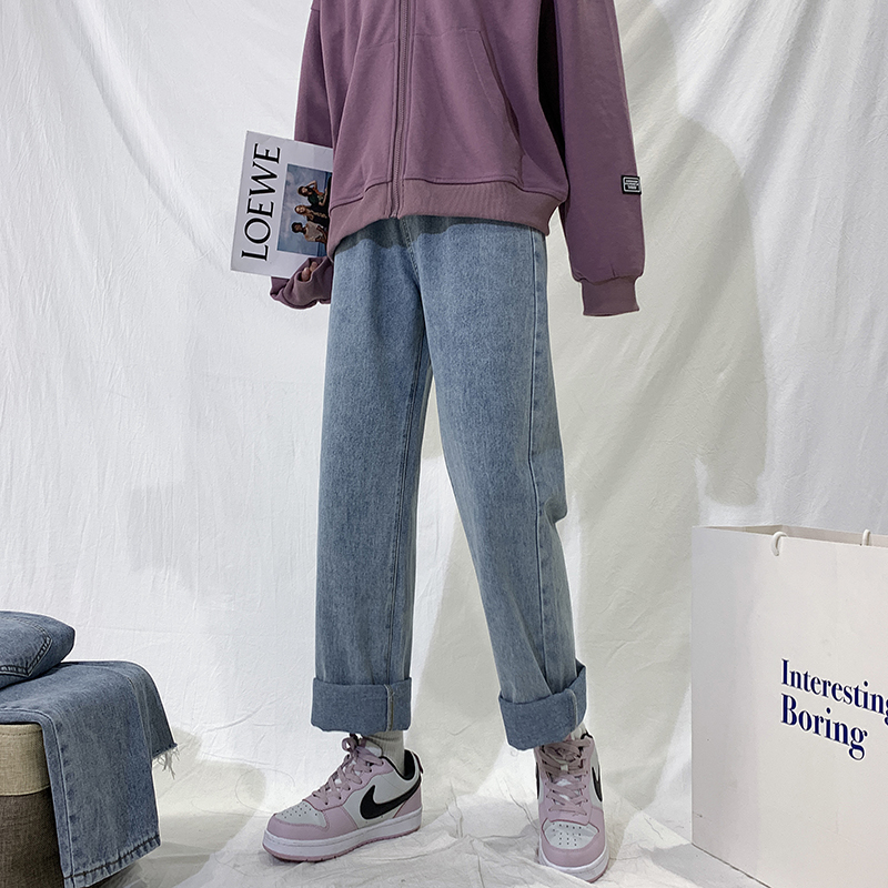 加绒高腰阔腿宽松显瘦新款直筒裤子 淘稚气牛仔裤