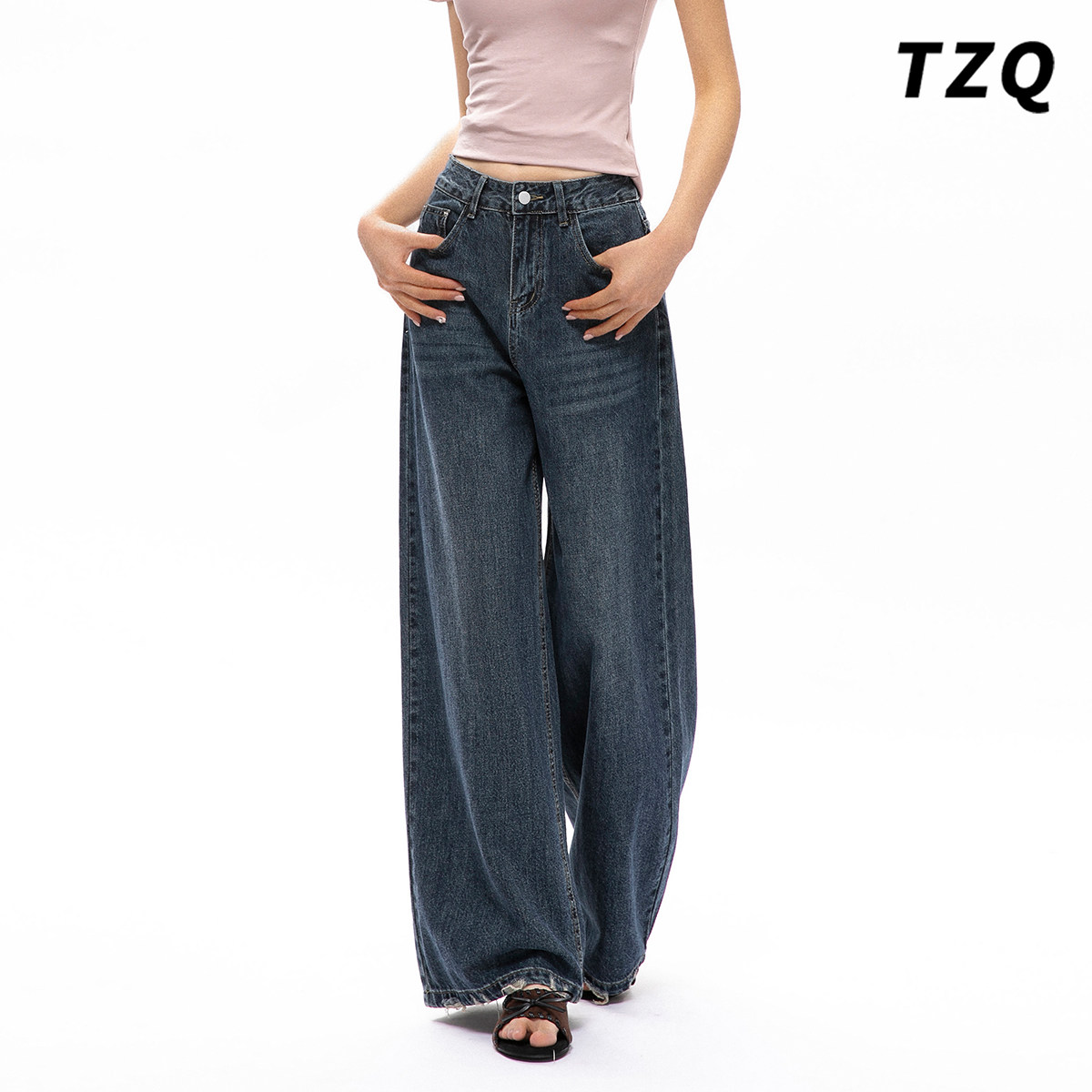 复古蓝高腰阔腿牛仔裤女春季新款时尚宽松显瘦垂感拖地直筒长裤子,淘宝优惠券,粉丝福利购,淘宝优惠卷