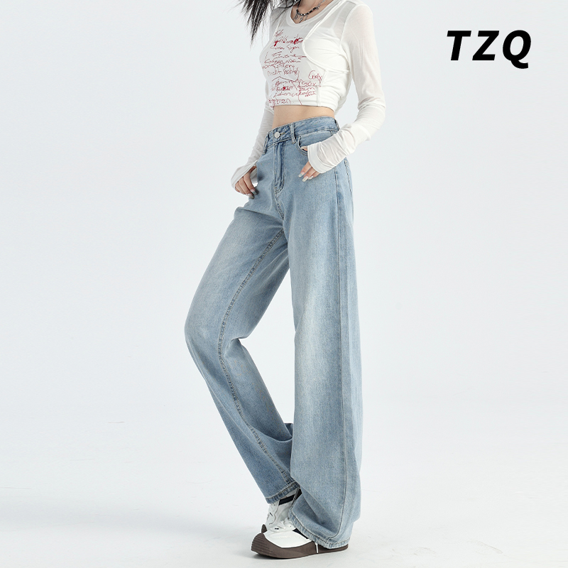 浅蓝色窄版阔腿牛仔裤女2025夏季薄款水洗百搭显瘦宽松垂感直筒裤 - 图1