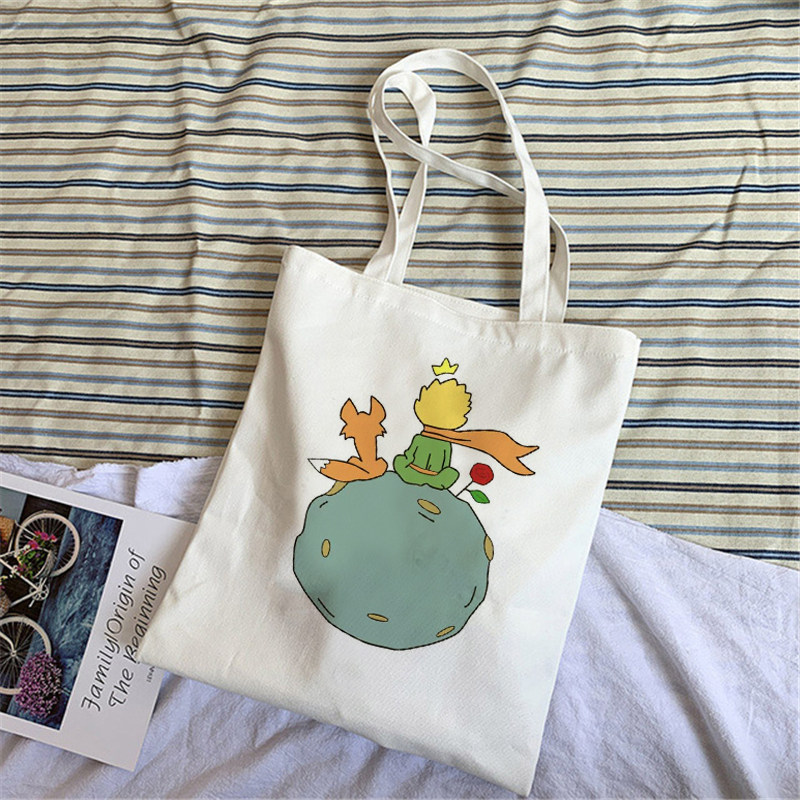 时尚卡通小王子图案印花帆布托特包购物袋女士百搭单肩包手提包 - 图1