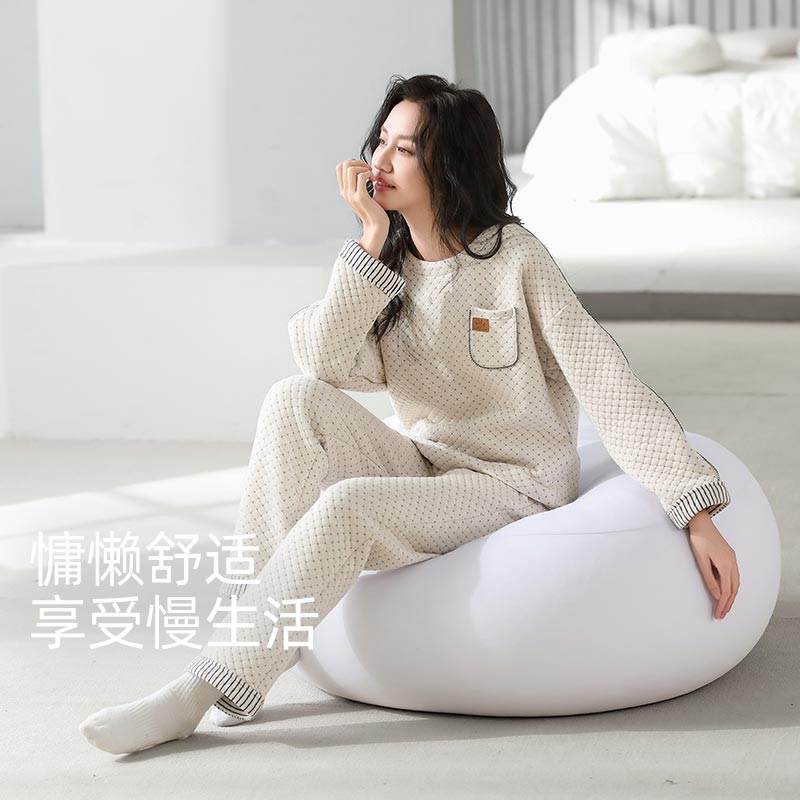 绮瑞睡衣女秋冬纯棉夹层保暖套装加厚棉袄睡衣女生冬款休闲薄夹棉