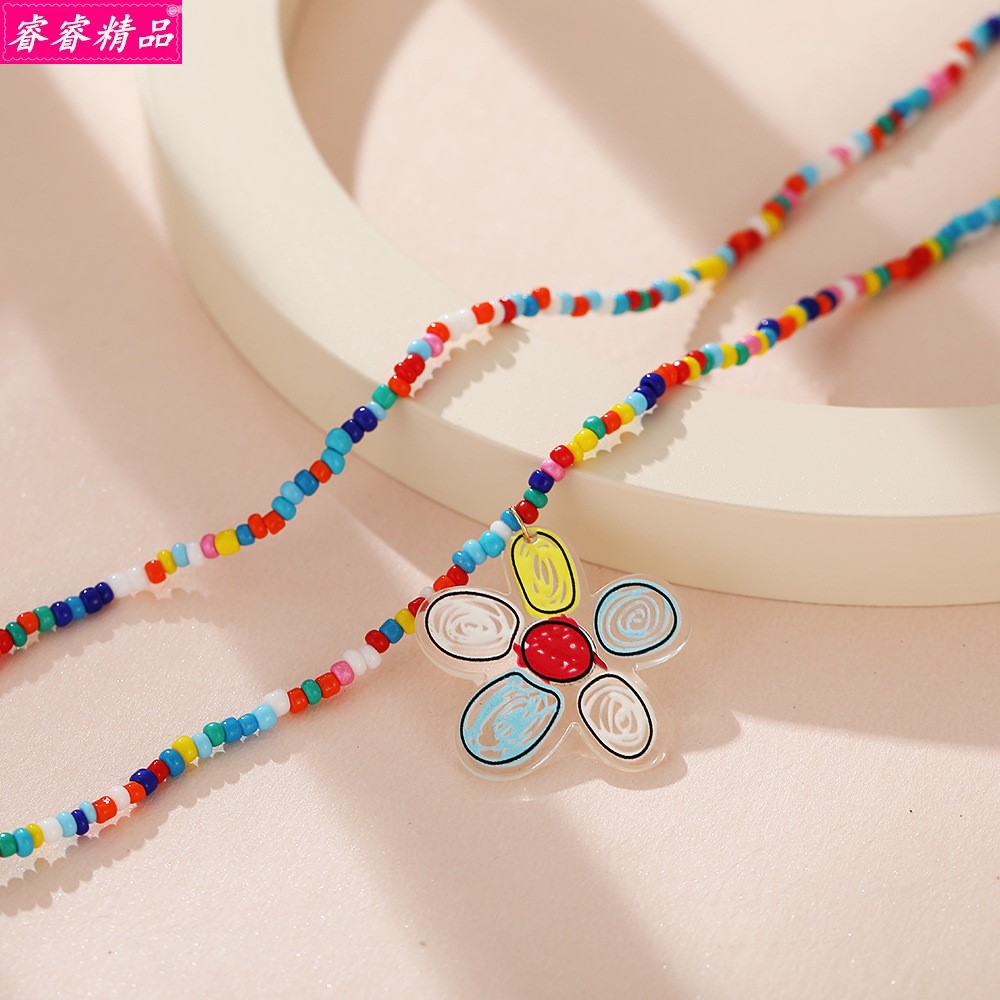 boho double-layer short necklace colorful rice beads choker - 图0