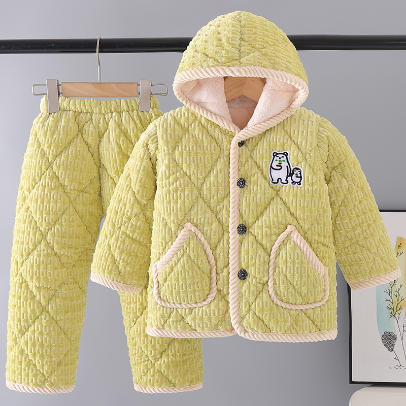 法兰绒睡衣冬季夹棉加厚男童款宝宝套装男童睡衣珊瑚绒少年家居服