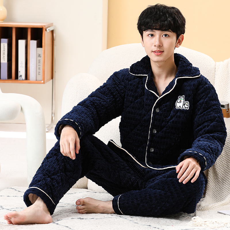 男生法兰绒睡衣冬季夹棉加厚款中大童男童睡衣珊瑚绒青少年家居服