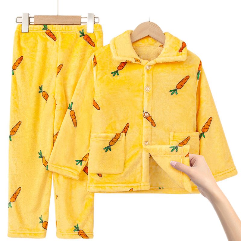 儿童秋冬季法兰绒男童女童宝宝睡衣加绒珊瑚绒儿童家居服套装冬