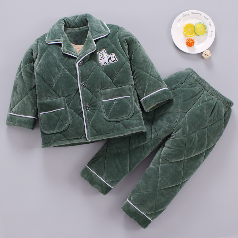秋冬季法兰绒男童三层睡衣 心怡熊家居服套装