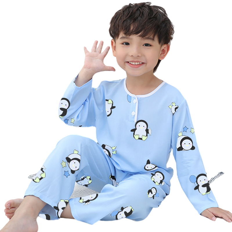 儿童棉绸睡衣夏季男童女童夏天男孩透气薄长袖宝宝小孩空调服套装