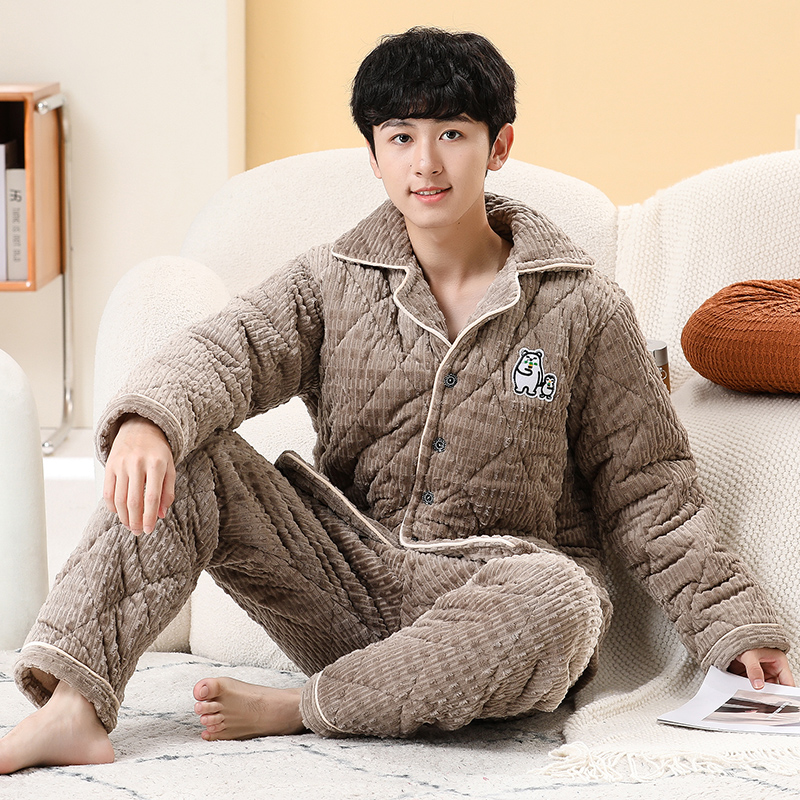 男生法兰绒睡衣冬季夹棉加厚款中大童男童睡衣珊瑚绒青少年家居服