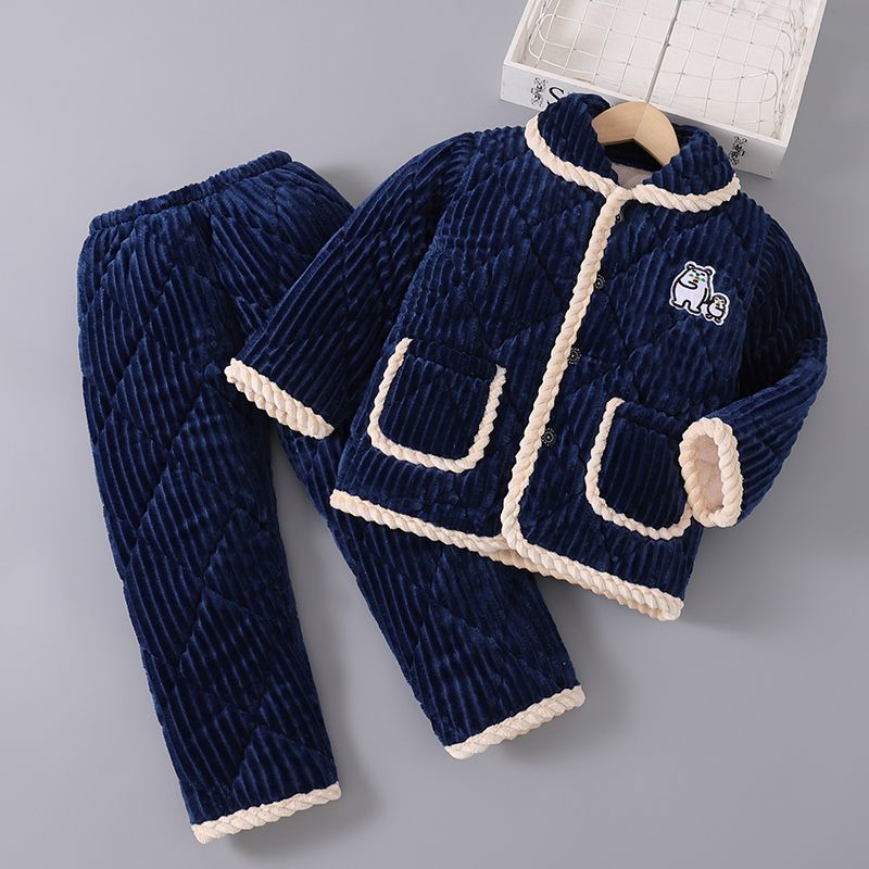 冬季三层加厚法兰绒儿童睡衣加绒家居服男童套装夹棉女童宝宝超厚