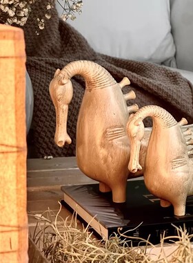中古侘寂双骏呈祥书柜马摆件