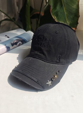 做旧破洞水钻星星刺绣显脸小棒球
