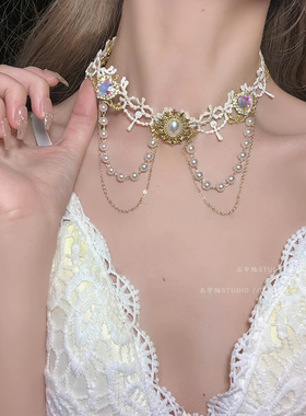 韩国复古超仙甜美粉色蕾丝花朵珍珠吊坠项圈系带颈带choker锁骨链